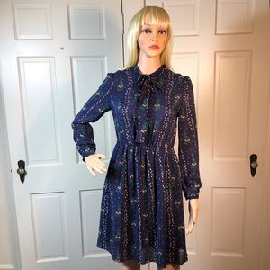 Blue Floral Silk Dress w Ruffles and Tie Neck S/M
